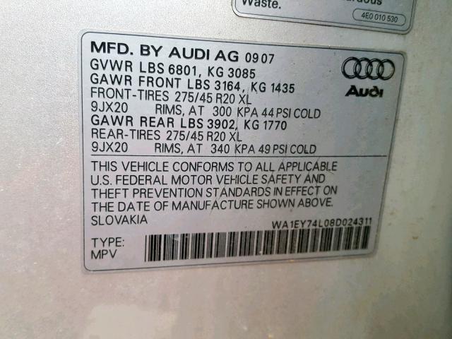 WA1EY74L08D024311 - 2008 AUDI Q7 3.6 QUA SILVER photo 10