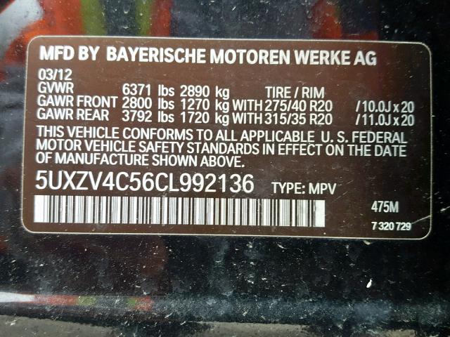 5UXZV4C56CL992136 - 2012 BMW X5 XDRIVE3 Қара фото 10