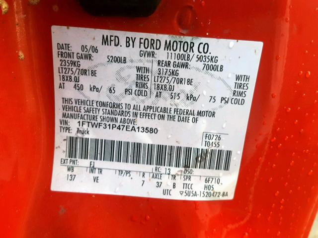 1FTWF31P47EA13580 - 2007 FORD F350 SRW S RED photo 10