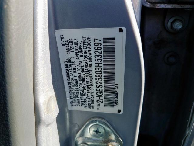 2HGES25803H532697 - 2003 HONDA CIVIC EX SILVER photo 10