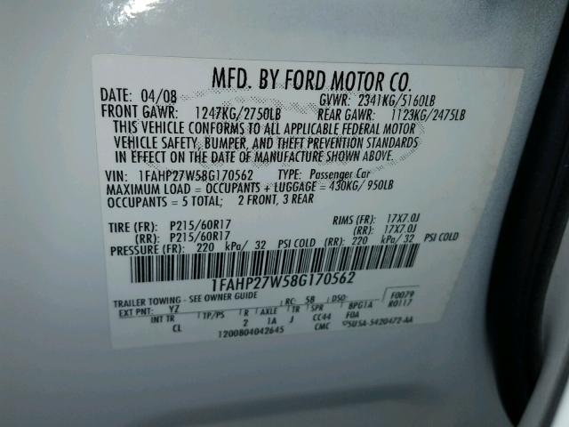 1FAHP27W58G170562 - 2008 FORD TAURUS SEL WHITE photo 10