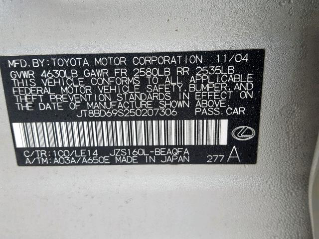 JT8BD69S250207306 - 2005 LEXUS GS 300 SILVER photo 10