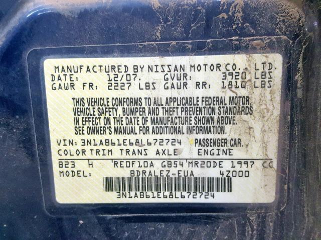 3N1AB61E68L672724 - 2008 NISSAN SENTRA 2.0 BLUE photo 10