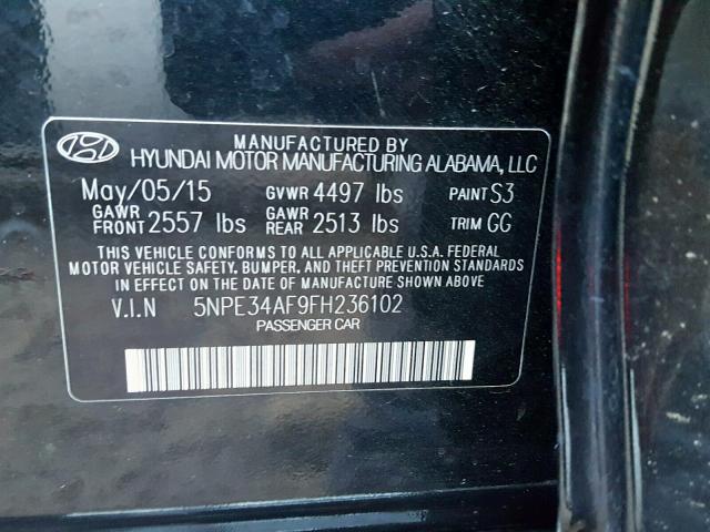 5NPE34AF9FH236102 - 2015 HYUNDAI SONATA SPO BLACK photo 10