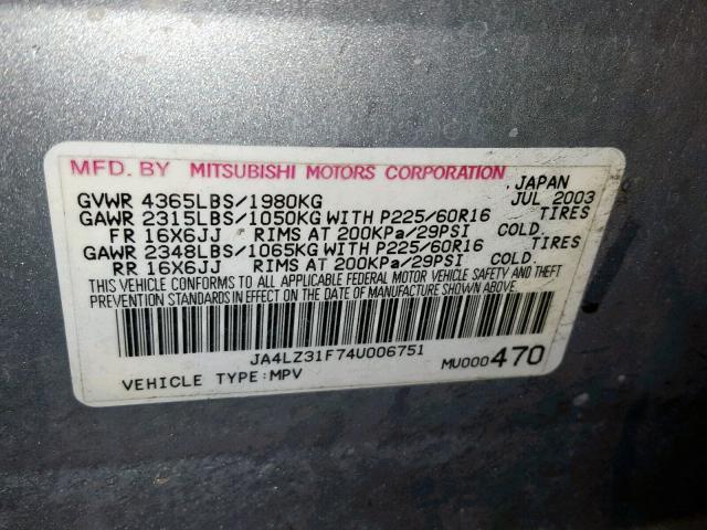 JA4LZ31F74U006751 - 2004 MITSUBISHI OUTLANDER SILVER photo 10