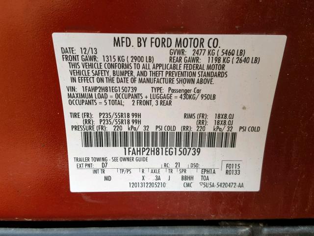 1FAHP2H81EG150739 - 2014 FORD TAURUS SEL RED photo 10