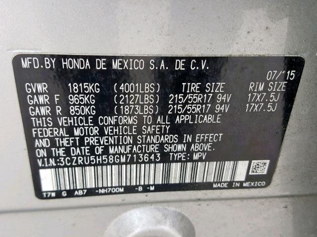 3CZRU5H58GM713643 - 2016 HONDA HR-V EX SILVER photo 10