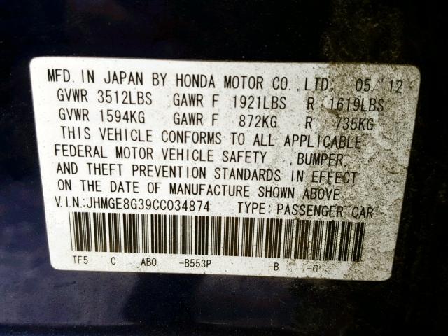 JHMGE8G39CC034874 - 2012 HONDA FIT BLUE photo 10