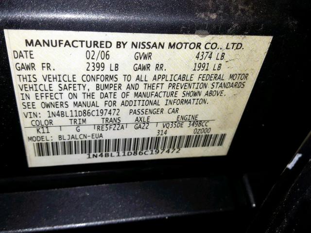 1N4BL11D86C197472 - 2006 NISSAN ALTIMA SE GRAY photo 10