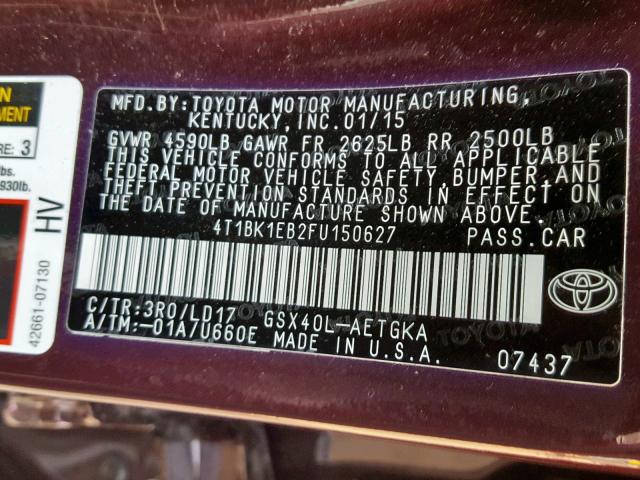 4T1BK1EB2FU150627 - 2015 TOYOTA AVALON XLE BURGUNDY photo 10
