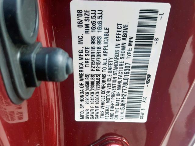 5J6YH27778L016307 - 2008 HONDA ELEMENT EX BURGUNDY photo 10