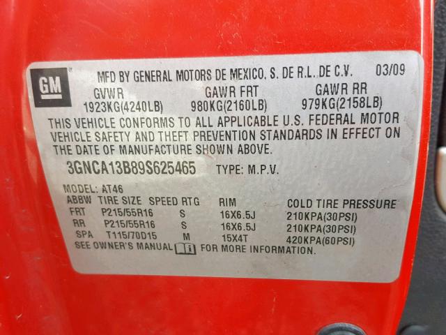 3GNCA13B89S625465 - 2009 CHEVROLET HHR LS RED photo 10