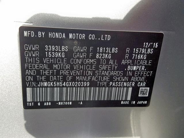 JHMGK5H54GX020399 - 2016 HONDA FIT LX SILVER photo 10