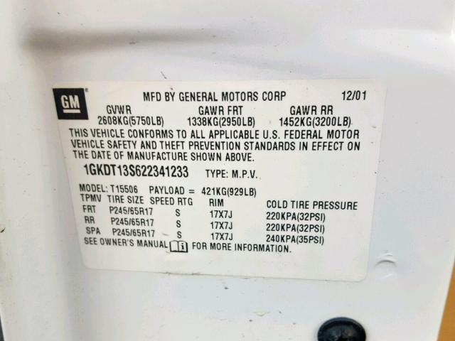 1GKDT13S622341233 - 2002 GMC ENVOY WHITE photo 10