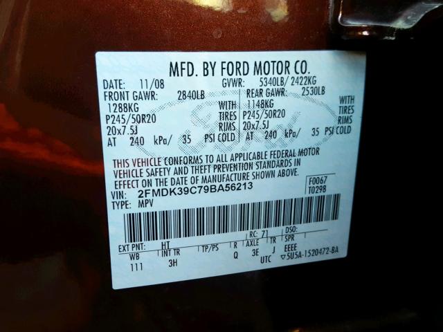 2FMDK39C79BA56213 - 2009 FORD EDGE LIMIT MAROON photo 10