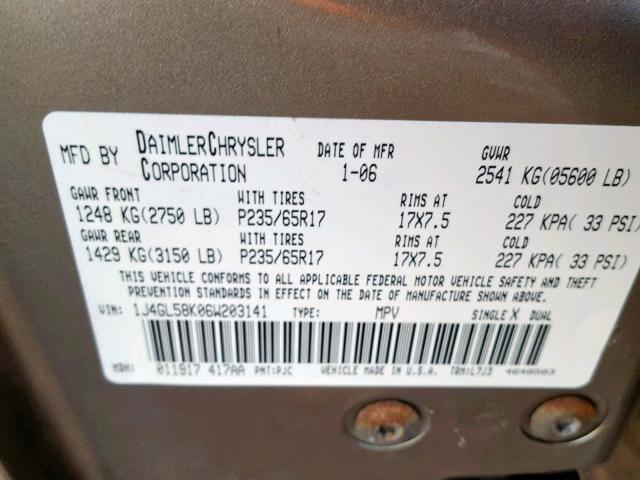 1J4GL58K06W203141 - 2006 JEEP LIBERTY LI TAN photo 10