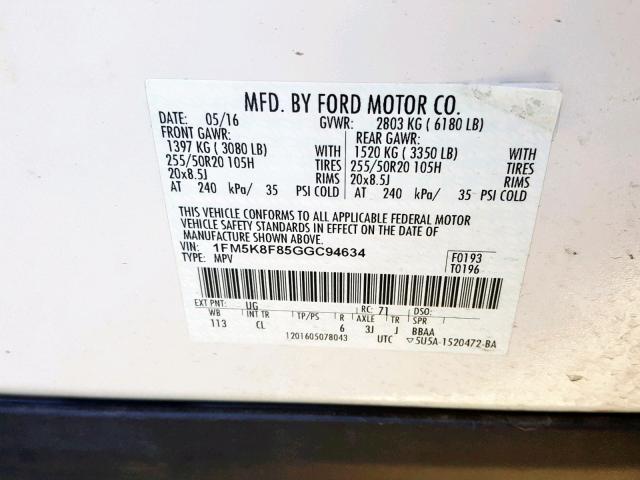 1FM5K8F85GGC94634 - 2016 FORD EXPLORER L WHITE photo 10