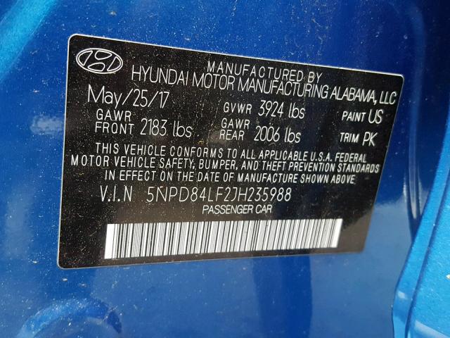 5NPD84LF2JH235988 - 2018 HYUNDAI ELANTRA SE BLUE photo 10