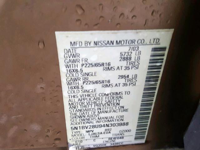 5N1BV28U94N303988 - 2004 NISSAN QUEST S GOLD photo 10