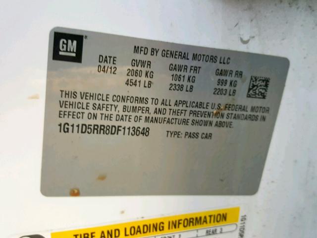 1G11D5RR8DF113648 - 2013 CHEVROLET MALIBU 1LT WHITE photo 10