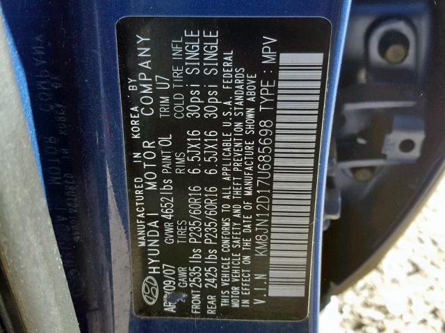 KM8JN12D17U685698 - 2007 HYUNDAI TUCSON SE BLUE photo 10