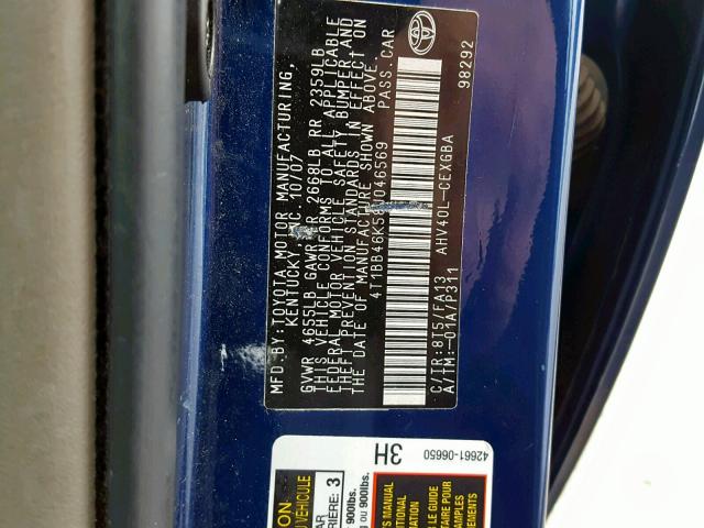 4T1BB46K58U046569 - 2008 TOYOTA CAMRY HYBR BLUE photo 10