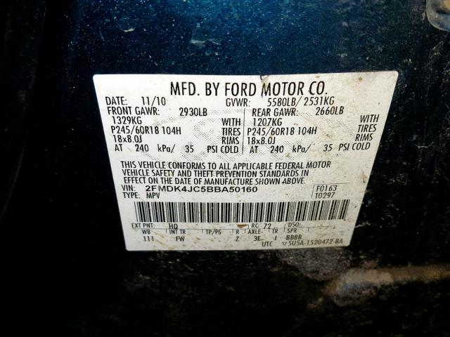 2FMDK4JC5BBA50160 - 2011 FORD EDGE SEL BLUE photo 10