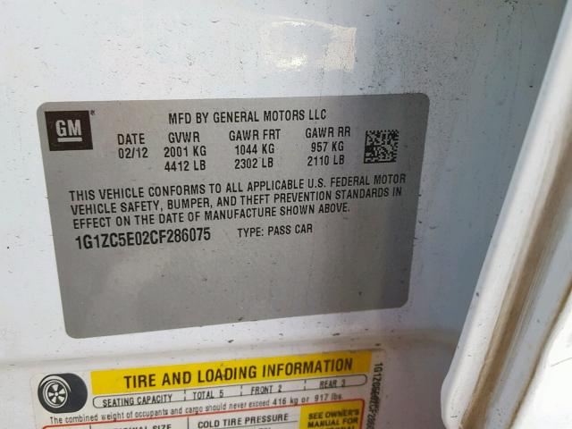 1G1ZC5E02CF286075 - 2012 CHEVROLET MALIBU 1LT WHITE photo 10
