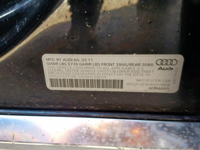 WAUAVAFD2BN019609 - 2011 AUDI A8 QUATTRO BLACK photo 10