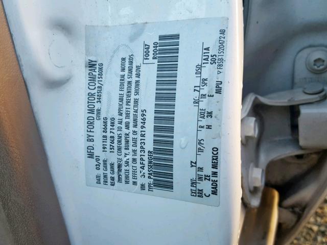 3FAFP13P31R194695 - 2001 FORD ESCORT WHITE photo 10