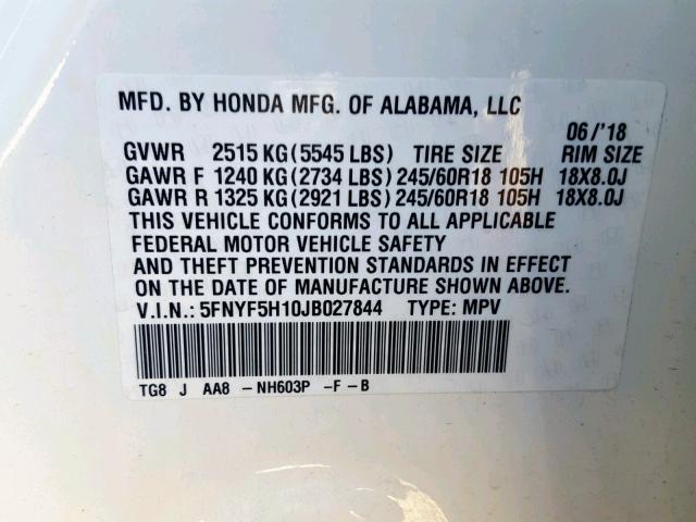 5FNYF5H10JB027844 - 2018 HONDA PILOT LX WHITE photo 10