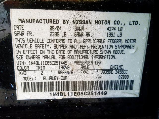 1N4BL11E05C251449 - 2005 NISSAN ALTIMA SE BLACK photo 10