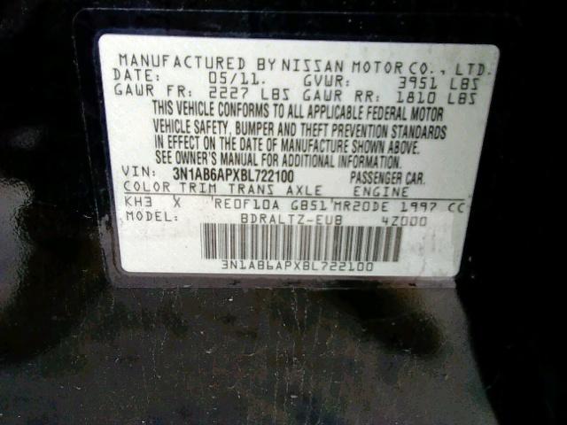 3N1AB6APXBL722100 - 2011 NISSAN SENTRA 2.0 BLACK photo 10