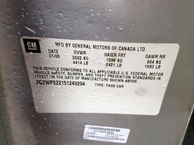 2G2WP522151249294 - 2005 PONTIAC GRAND PRIX SILVER photo 10