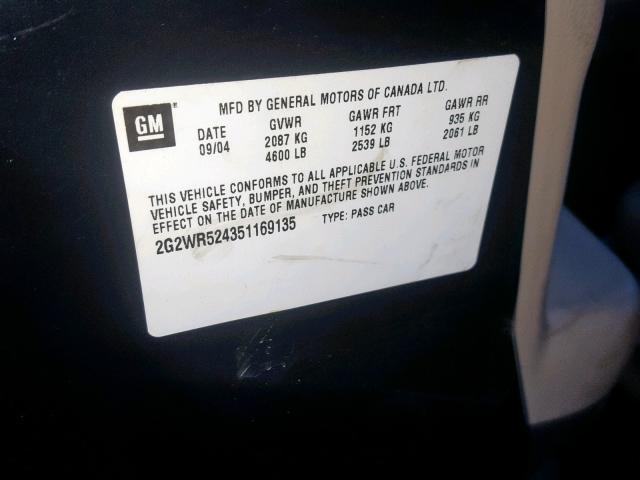 2G2WR524351169135 - 2005 PONTIAC GRAND PRIX BLACK photo 10