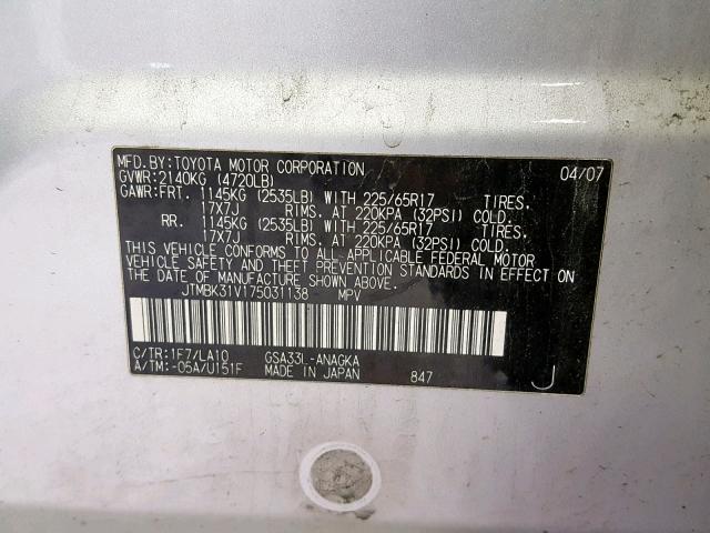 JTMBK31V175031138 - 2007 TOYOTA RAV4 LIMIT SILVER photo 10