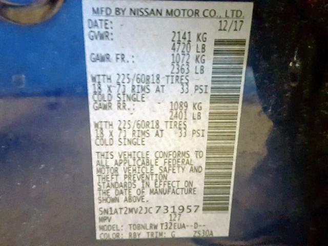 5N1AT2MV2JC731957 - 2018 NISSAN ROGUE SV BLUE photo 10