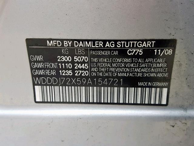 WDDDJ72X59A154721 - 2009 MERCEDES-BENZ CLS 550 SILVER photo 10