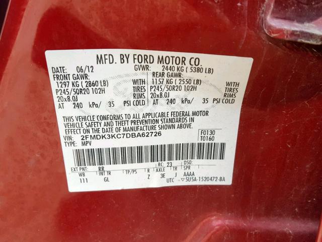 2FMDK3KC7DBA62726 - 2013 FORD EDGE LIMIT RED photo 10