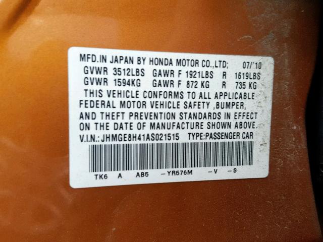 JHMGE8H41AS021515 - 2010 HONDA FIT SPORT ORANGE photo 10