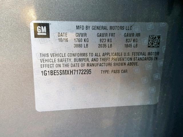 1G1BE5SMXH7172295 - 2017 CHEVROLET CRUZE LT GRAY photo 10