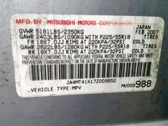 JA4MT41X17Z009852 - 2007 MITSUBISHI OUTLANDER GRAY photo 10