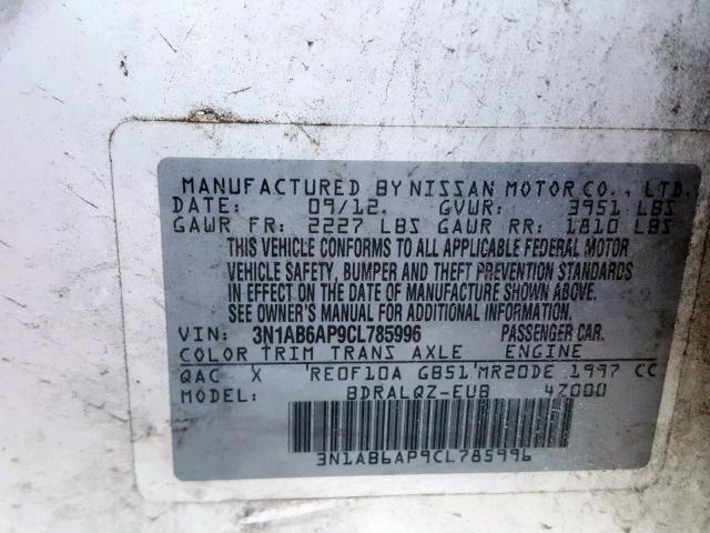 3N1AB6AP9CL785996 - 2012 NISSAN SENTRA 2.0 WHITE photo 10