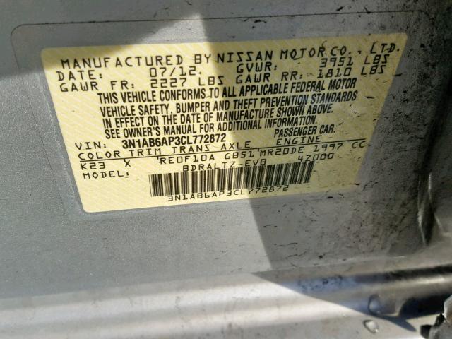 3N1AB6AP3CL772872 - 2012 NISSAN SENTRA 2.0 SILVER photo 10