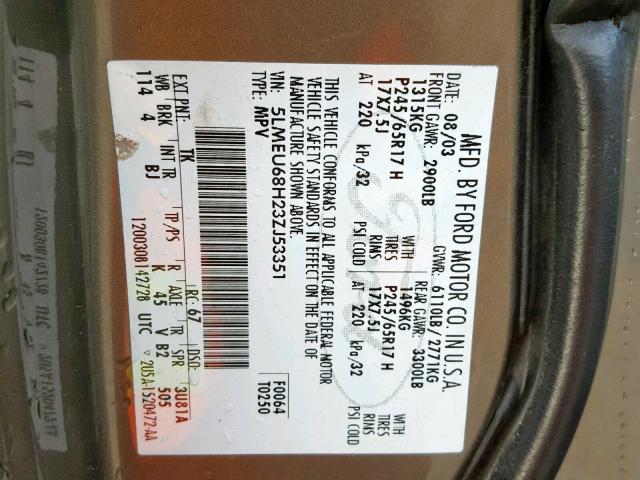 5LMEU68H23ZJ53351 - 2003 LINCOLN AVIATOR 灰色 照片 10