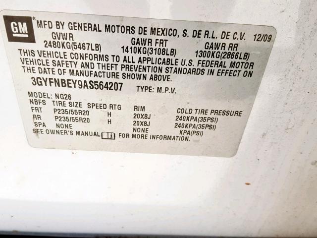 3GYFNBEY9AS564207 - 2010 CADILLAC SRX PERFOR WHITE photo 10