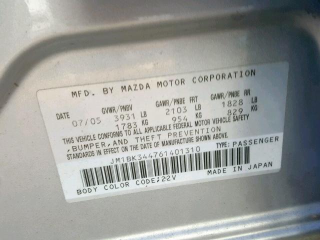 JM1BK344761401310 - 2006 MAZDA 3 HATCHBAC SILVER photo 10