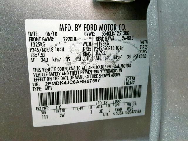 2FMDK4JC6ABB67597 - 2010 FORD EDGE SEL SILVER photo 10