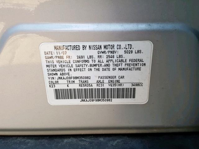 JNKAJ09F98M350982 - 2008 INFINITI EX35 BASE SILVER photo 10