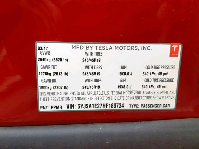 5YJSA1E27HF189734 - 2017 TESLA MODEL S RED photo 10